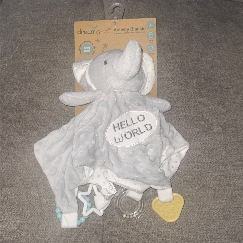 NEW DreamGro Elephant Security Blanket Soft Baby Lovey and Rattle Gift Set